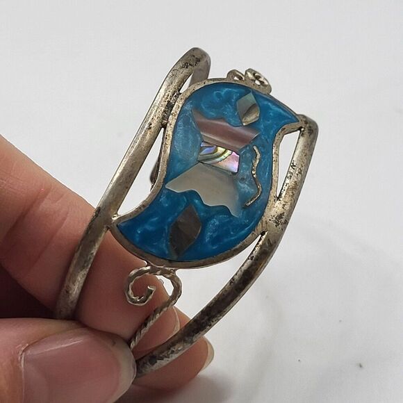 Alpaca Bangle Bracelet Mother of Pearl Inlay Enamel Bangle Bracelet 7in - Picture 3 of 7